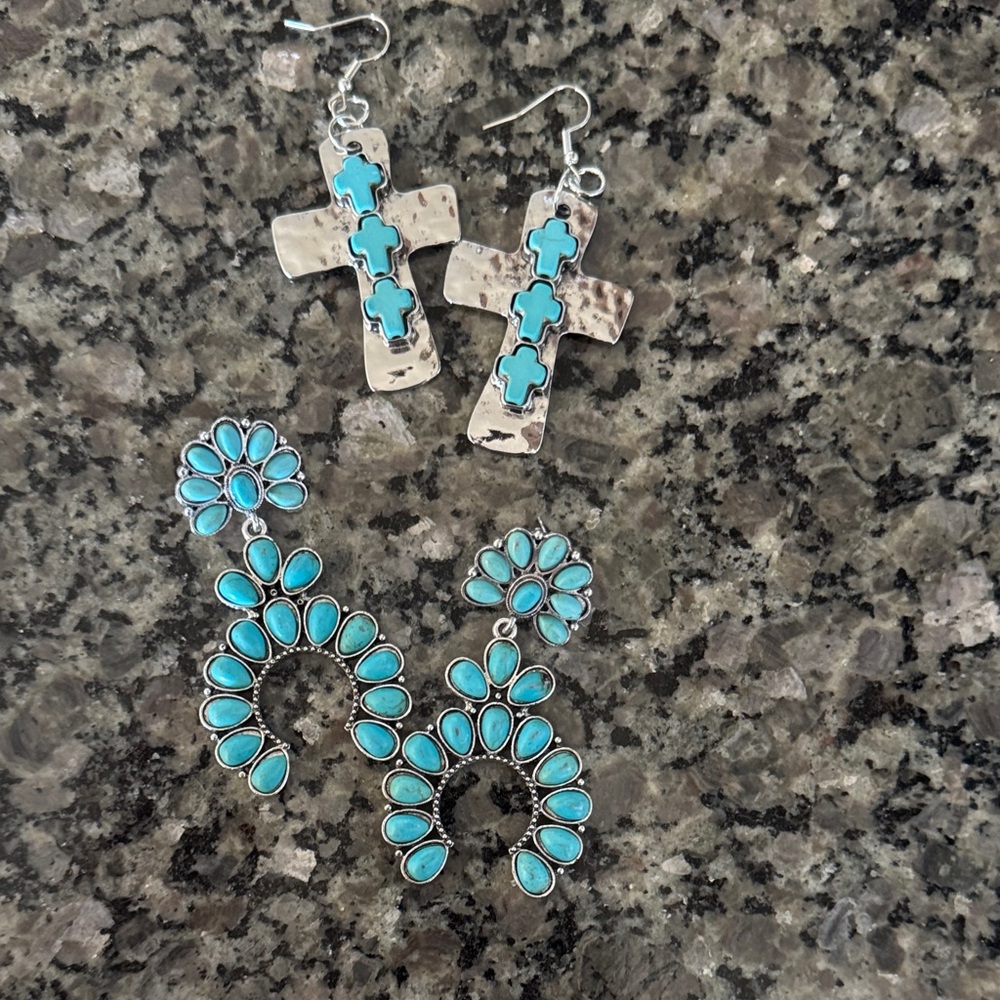 Turquoise Cross and Floral Earrings Set